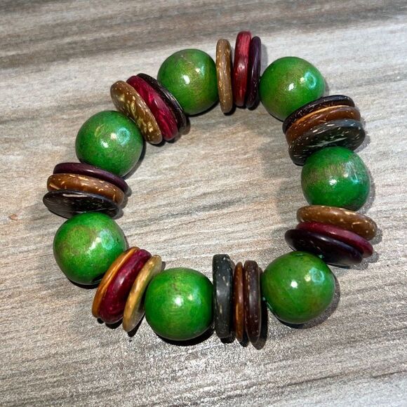 Green And Wood Multi Color Stretch Bracelet Bundle Of 2 Bracelets - Picture 3 of 7